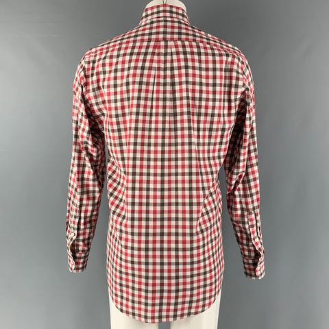 BERGDORF GOODMAN Size M Red White Brown Checkered Cotton Long Sleeve Shirt