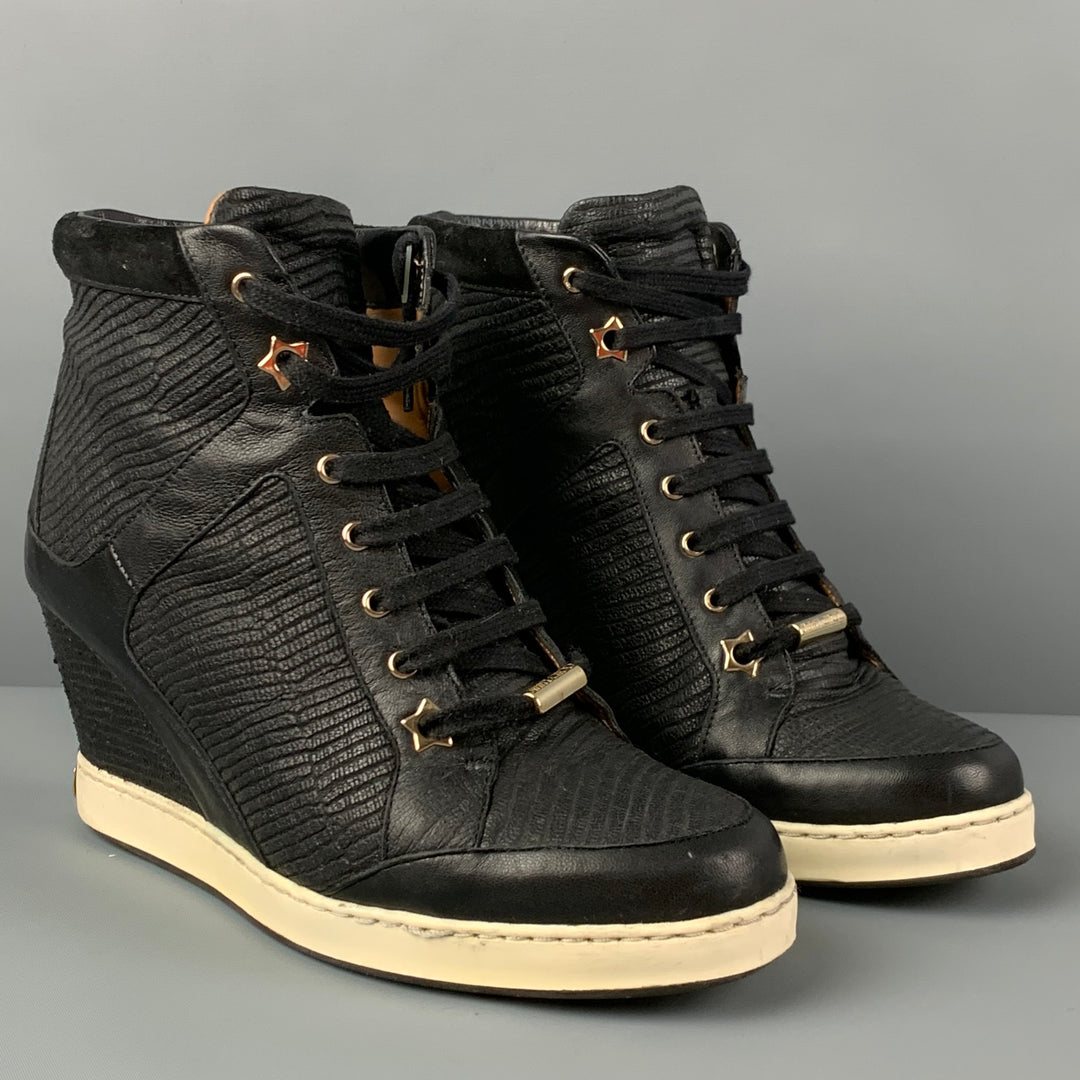 JIMMY CHOO Size 8 Black Leather Quilted Wedge Boots