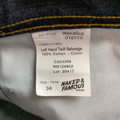 NAKED AND FAMOUS Size 34 Indigo Contrast Stitch Selvedge Denim Jeans