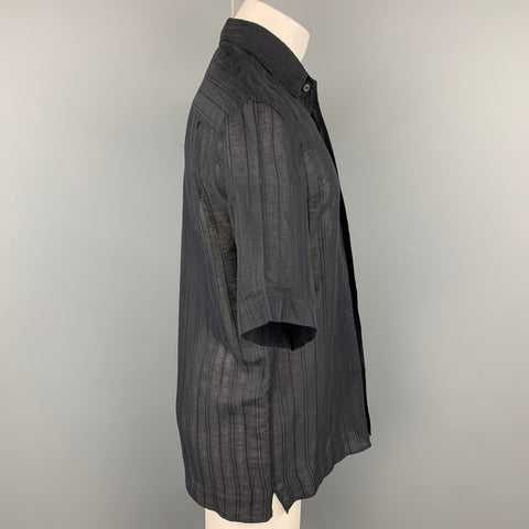 ERMENEGILDO ZEGNA Size M Black Vertical Linen / Cotton Stripe Short Sleeve Shirt