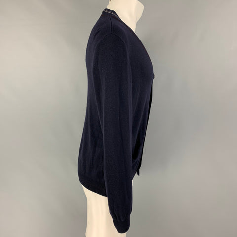 PRADA Cárdigan de lana con cuello en V y ribete en contraste azul marino talla L