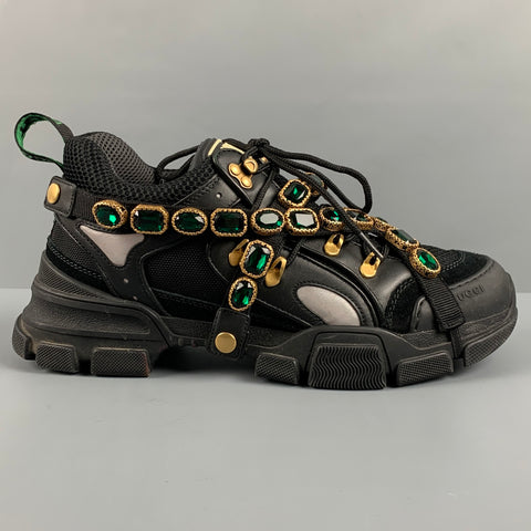 GUCCI Size 9.5 Black Green Beaded Nylon Lace Up Sneakers
