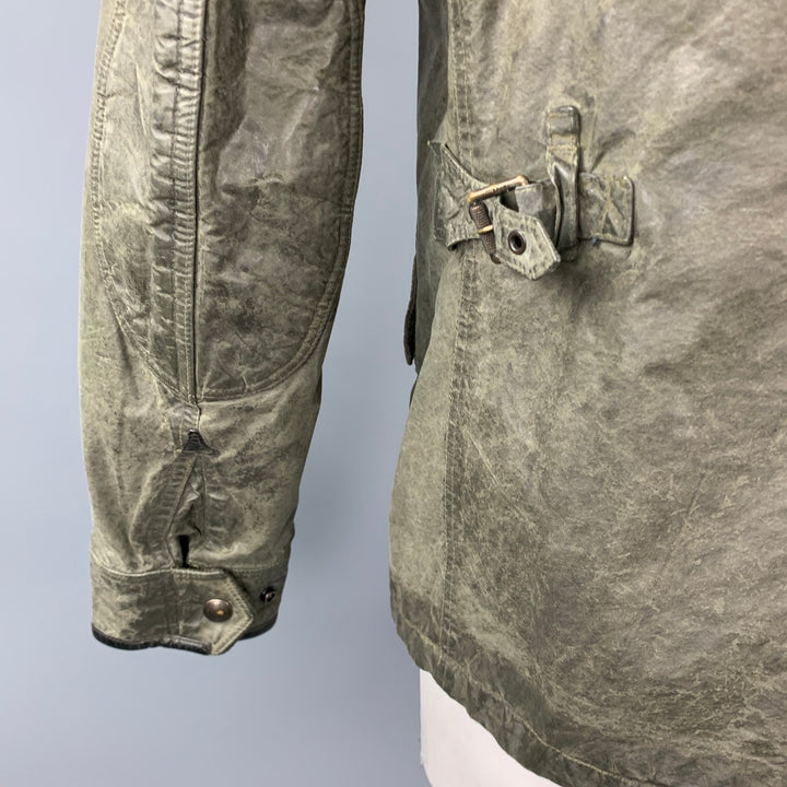 RALPH LAUREN Size L Moss Green Distressed Coated Cotton Zip & Snaps Jacket