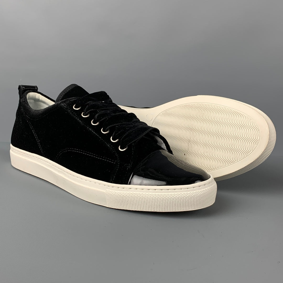 LANVIN Size Black White Mixed Fabrics Velvet Low Top Sneakers