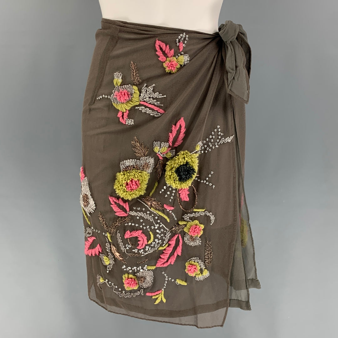 DRIES VAN NOTEN Size 6 Taupe Multi-Color Cotton Acrylic Embroidered Wrap Skirt