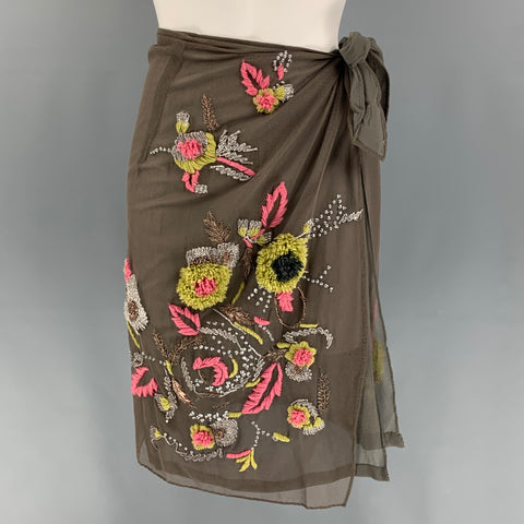 DRIES VAN NOTEN Taille 6 Taupe Jupe portefeuille brodée en coton multicolore acrylique