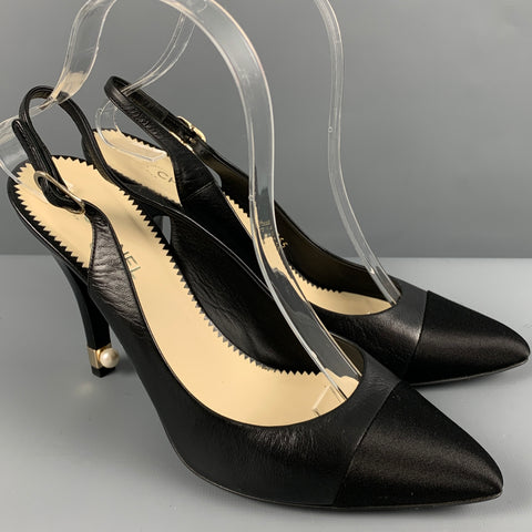 CHANEL Size 9 Black Leather Slingback Pumps
