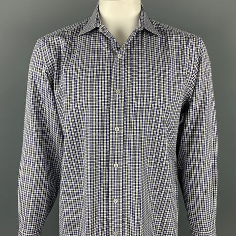 TOM FORD Size XL Navy & White Plaid Cotton Button Up Long Sleeve Shirt