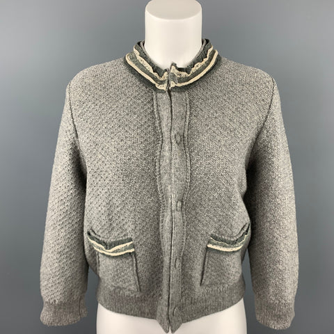 FENDI Size 6 Gray Wool Knitted Ruffle Trim Cardigan