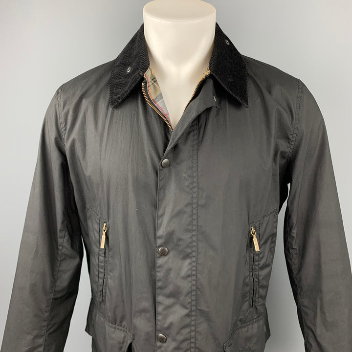 BARBOUR Size M Black Waxed Cotton Zip & Snap Button Jacket