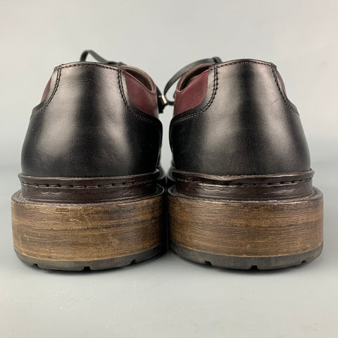 SALVATORE FERRAGAMO Size 9.5 Black & Burgundy Color Block Leather Lace Up Shoes