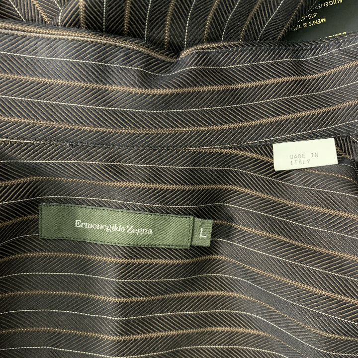 ERMENEGILDO ZEGNA Size L Brown Stripe Cotton Button Down Long Sleeve Shirt