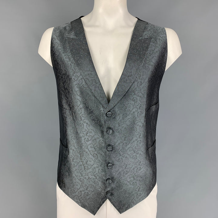 BRIONI Size XXL Silver Swirl Print Silk Peak Lapel Vest