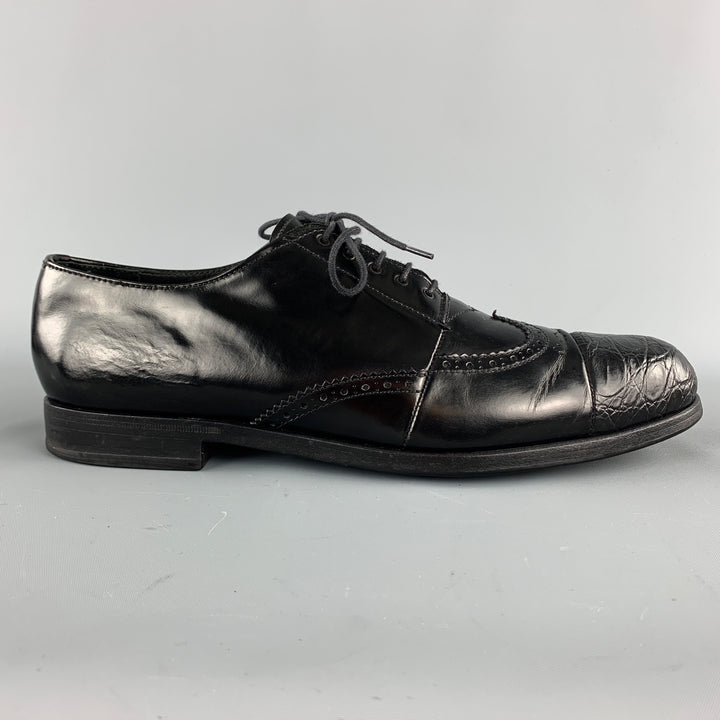 PRADA Size 9 Black Perforated Leather Wingtip Textured Cap Toe Lace Up Shoes