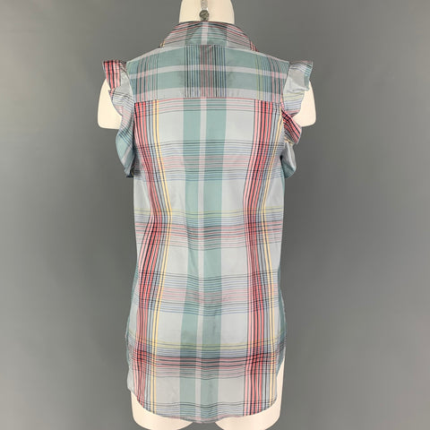 STELLA McCARTNEY Size M Blue Multi-Color Silk Plaid Ruffle Casual Top