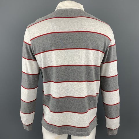 LORO PIANA Size XL Grey & Red Striped Cotton Buttoned Long Sleeve Polo