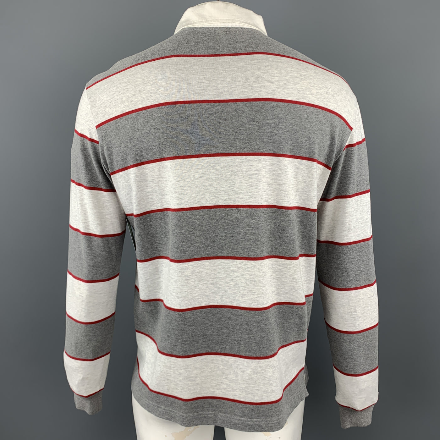 LORO PIANA Size XL Grey & Red Striped Cotton Buttoned Long Sleeve Polo