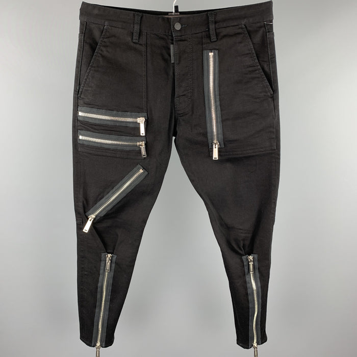 DSQUARED2 Size 34 Black Cotton Button Fly Multi Zippers Casual Pants