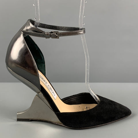 JIMMY CHOO Talla 7.5 Zapatos de tacón con correa al tobillo en negro y plateado