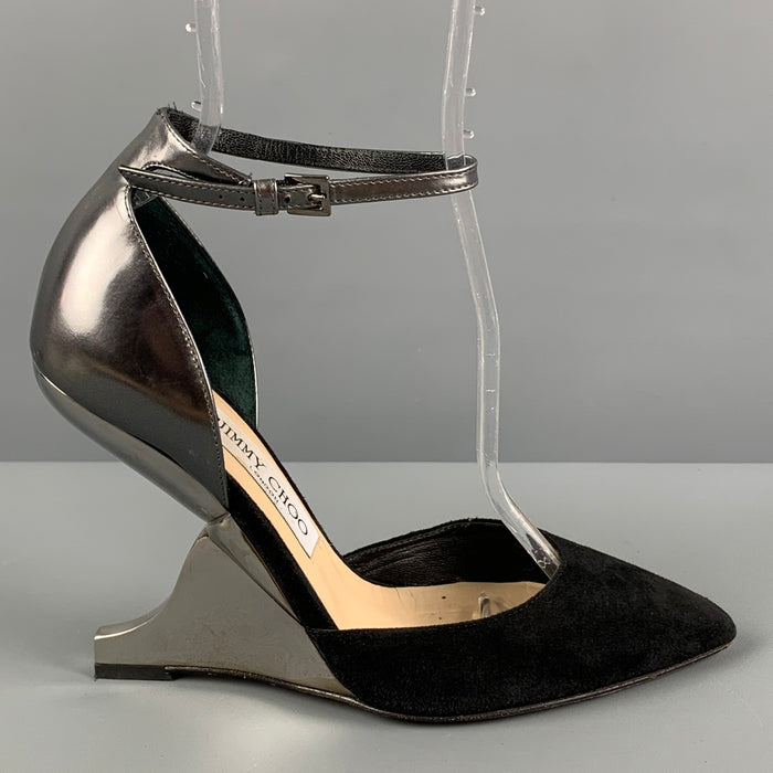 JIMMY CHOO Size 7.5 Black Silver Ankle Strap Pumps
