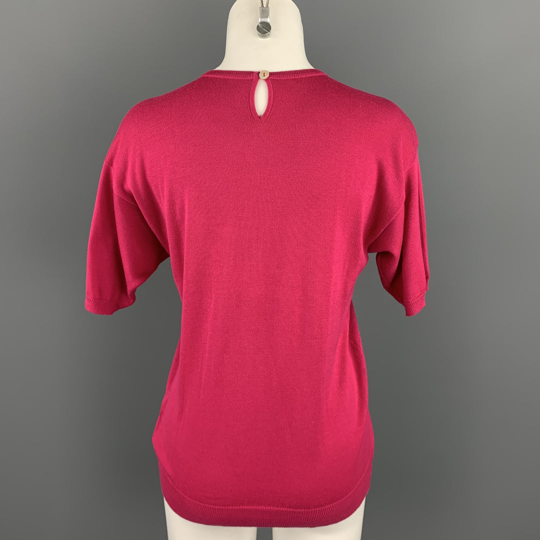 YVES SAINT LAURENT Rive Gauche Size M Fuchsia Cotton Short Sleeve Sweater