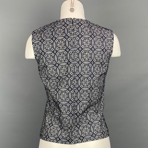 NOOY Size S Navy & White Embroidered Cotton A-line Sleeveless Blouse