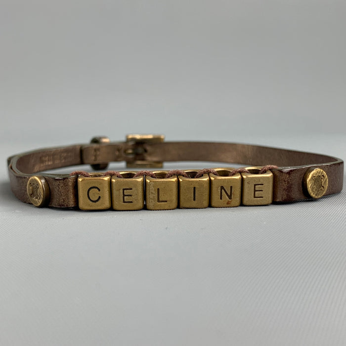 CELINE Gold Leather Metal Alphabet Block Bead Double Wrap Bracelet