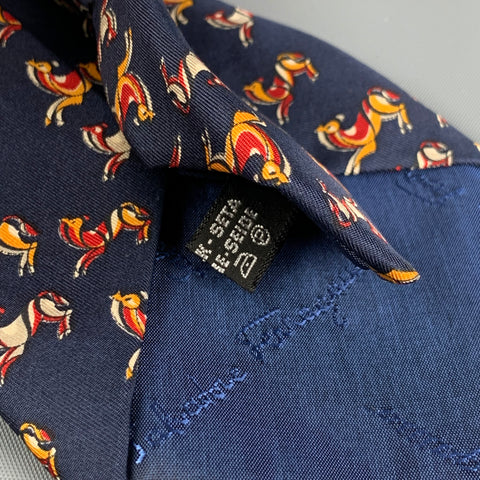 SALVATORE FERRAGAMO Navy Red Yellow Horse Print Silk Tie