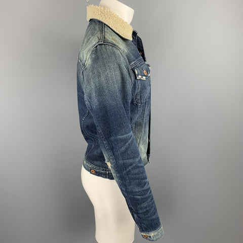 NSF Size XS Indigo Wash Distressed Denim Trucker Jacket