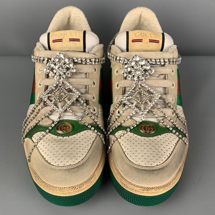GUCCI Size 8.5 Off White Green Distressed Leather Crystal Screener Sneakers