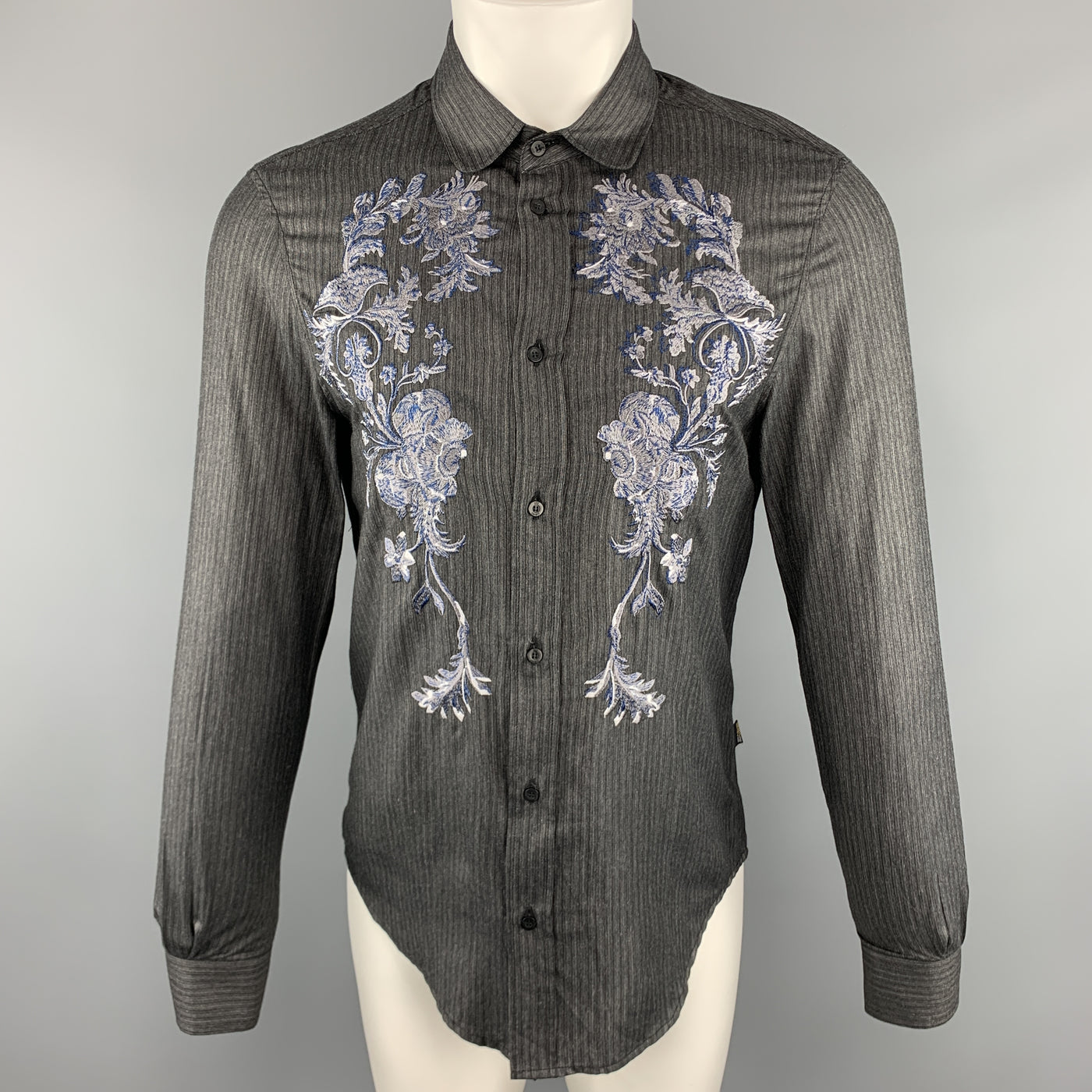JUST CAVALLI Size S Embroidery Charcoal Striped Viscose Blend Long Sleeve Shirt