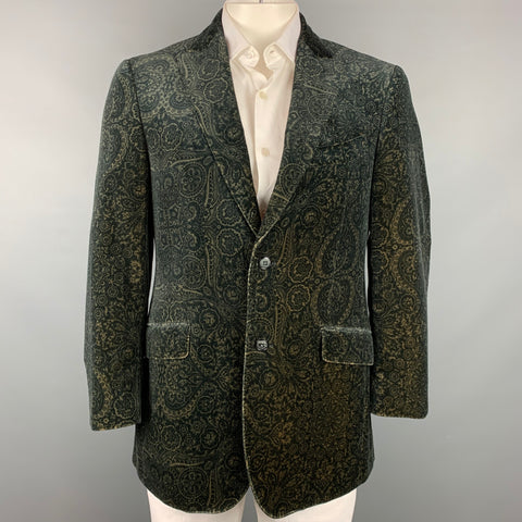 ETRO Size 42 Black & Olive Print Velvet Peak Lapel Sport Coat