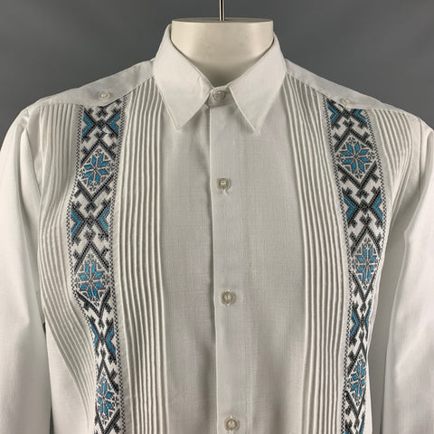 GUAYABERAS Size L White Light Blue Embroidery Linen Long Sleeve Shirt