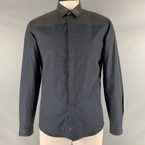 VALENTINO Size L Navy Black Solid Cotton Hidden Placket Long Sleeve Shirt