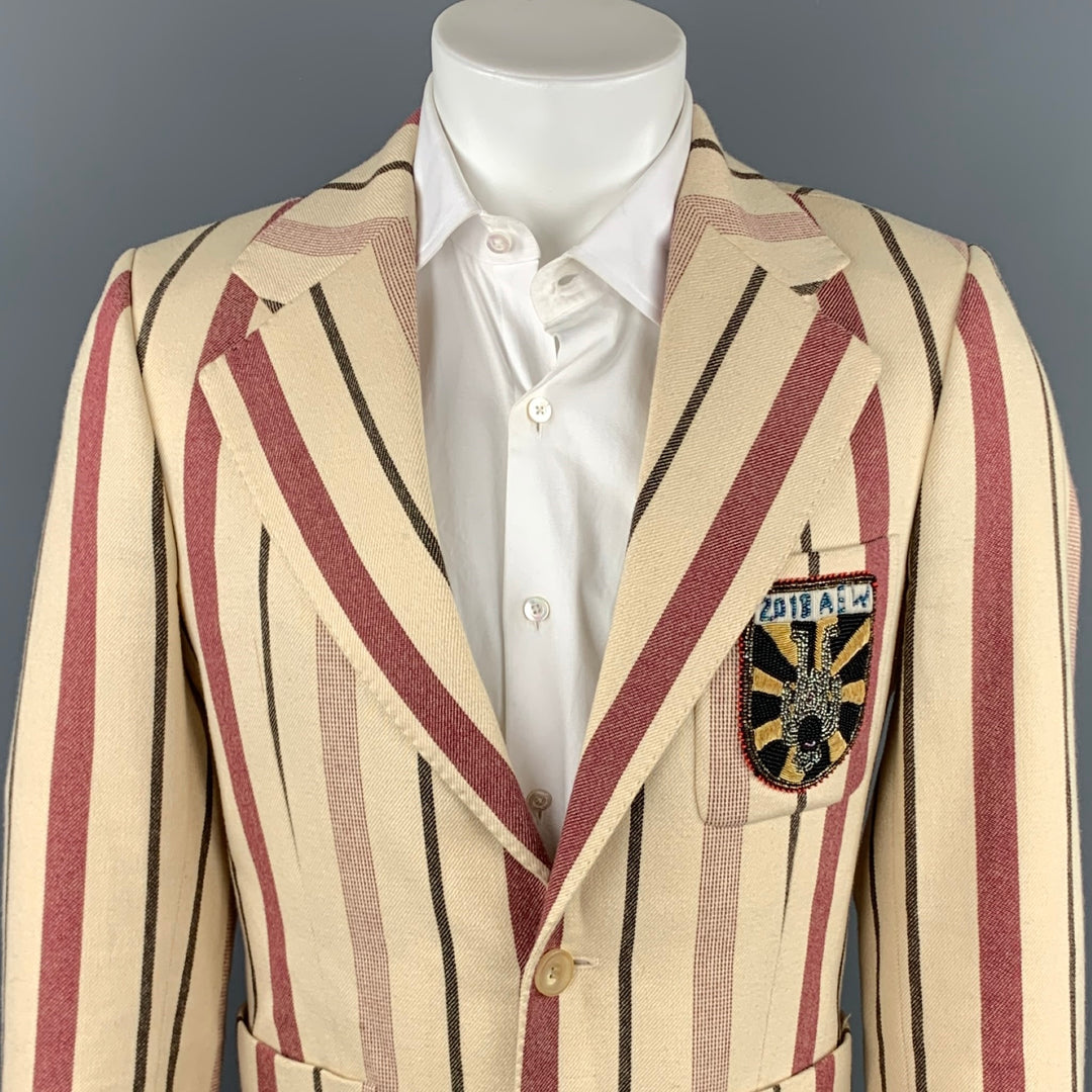 AESTHETICTERRORISTS by WALTER VAN BEIRENDONCK Size 40 Cream & Burgundy Vertical Stripe Wool Upside-Down Blazer Sport Coat