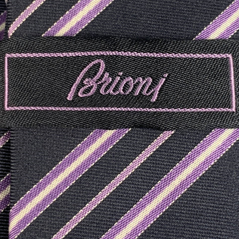 BRIONI Navy Purple Diagonal Stripe Silk Tie