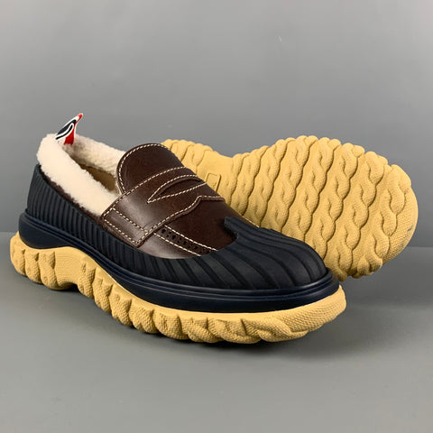 THOM BROWNE Size 7.5 Navy Cream Brown Leather Shearling Loafer Duck Shoe
