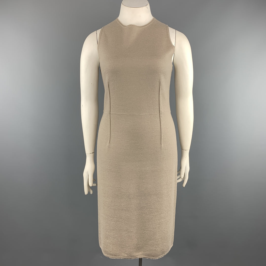 THE ROW Size L Taupe Virgin Wool Blend Knit Sleeveless Sheath Sweater Sui Generis Designer Consignment THE ROW Size L Taupe Virgin Wool Blend Knit Sleeveless Sheath Sweater Sui Generis Designer Consignment