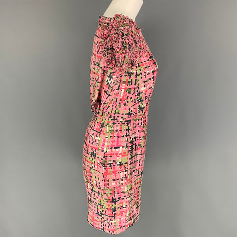 YVES SAINT LAURENT Talla S Vestido de manga corta abstracto rosa verde negro