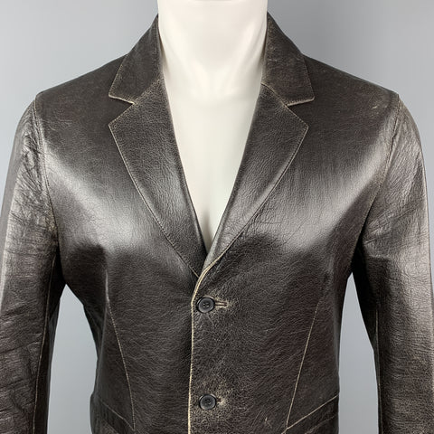 NEIL BARRETT Size M Brown Distressed Leather Notch Lapel Blazer