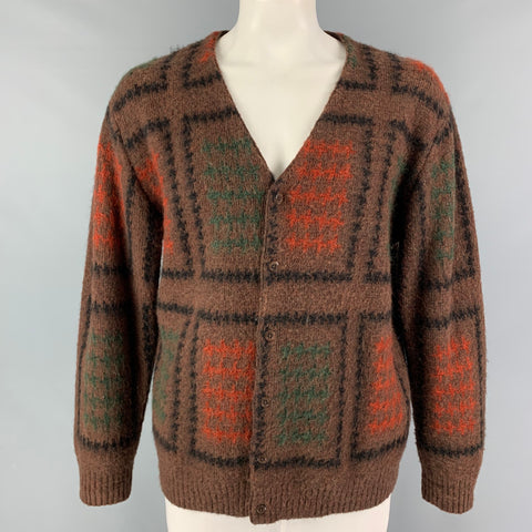 BEAMS PLUS Size XL Brown Multi-Color Pattern Mohair Blend Buttoned Cardigan