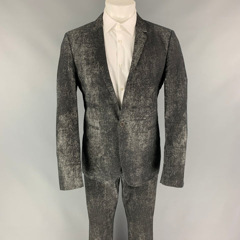 CALVIN KLEIN COLLECTION Size 38 Black & Grey Splattered Cotton Blend Notch Lapel Suit