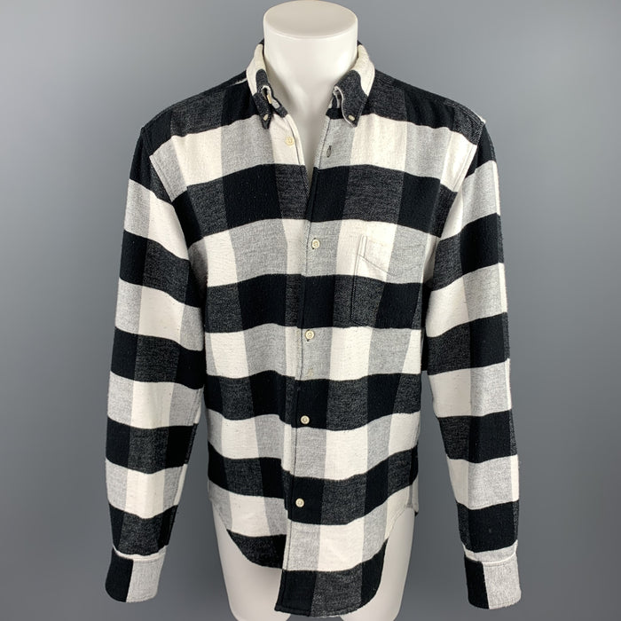 OUR LEGACY Size 40 Black & White Checkered Brushed Cotton Long Sleeve Shirt