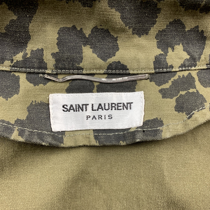 SAINT LAURENT Spring 2016 Size 40 Olive & Black Leopard  Print Cotton Jacket