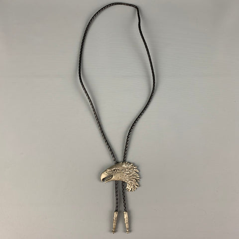 Cravate Bolo en métal et cuir tissé noir argenté VINTAGE