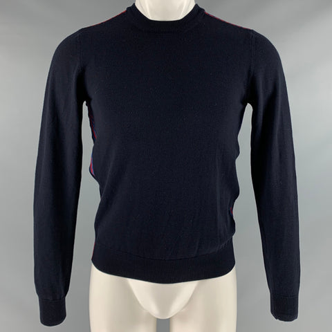 PRADA Taille S Marine Rouge Tissus Mélangés Laine Vierge Polyester Pull à Col Rond