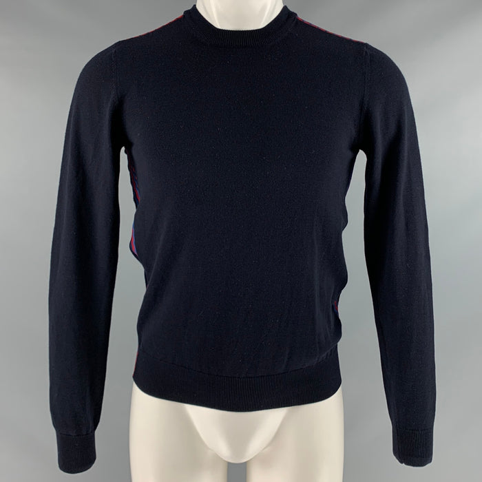 PRADA Size S Navy Red Mixed Fabrics Virgin Wool Polyester Crew-Neck Pullover