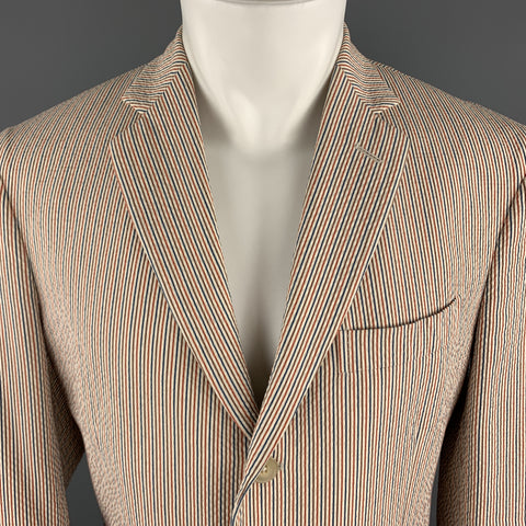 COAT Size 40 Beige & Red Blue Striped Seersucker Notch Lapel Sport Coat