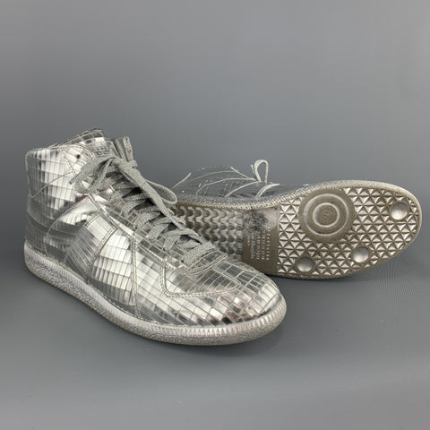 MAISON MARGIELA Taille 10 Baskets montantes Disco Ball en cuir métallisé argenté