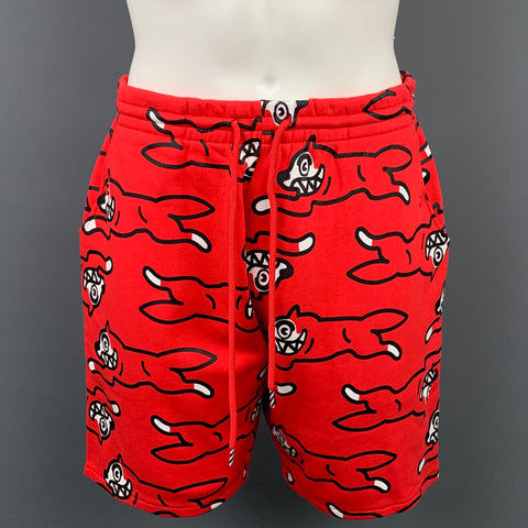ICECREAM Size L Red & Black Logo Print Cotton Drawstring Shorts